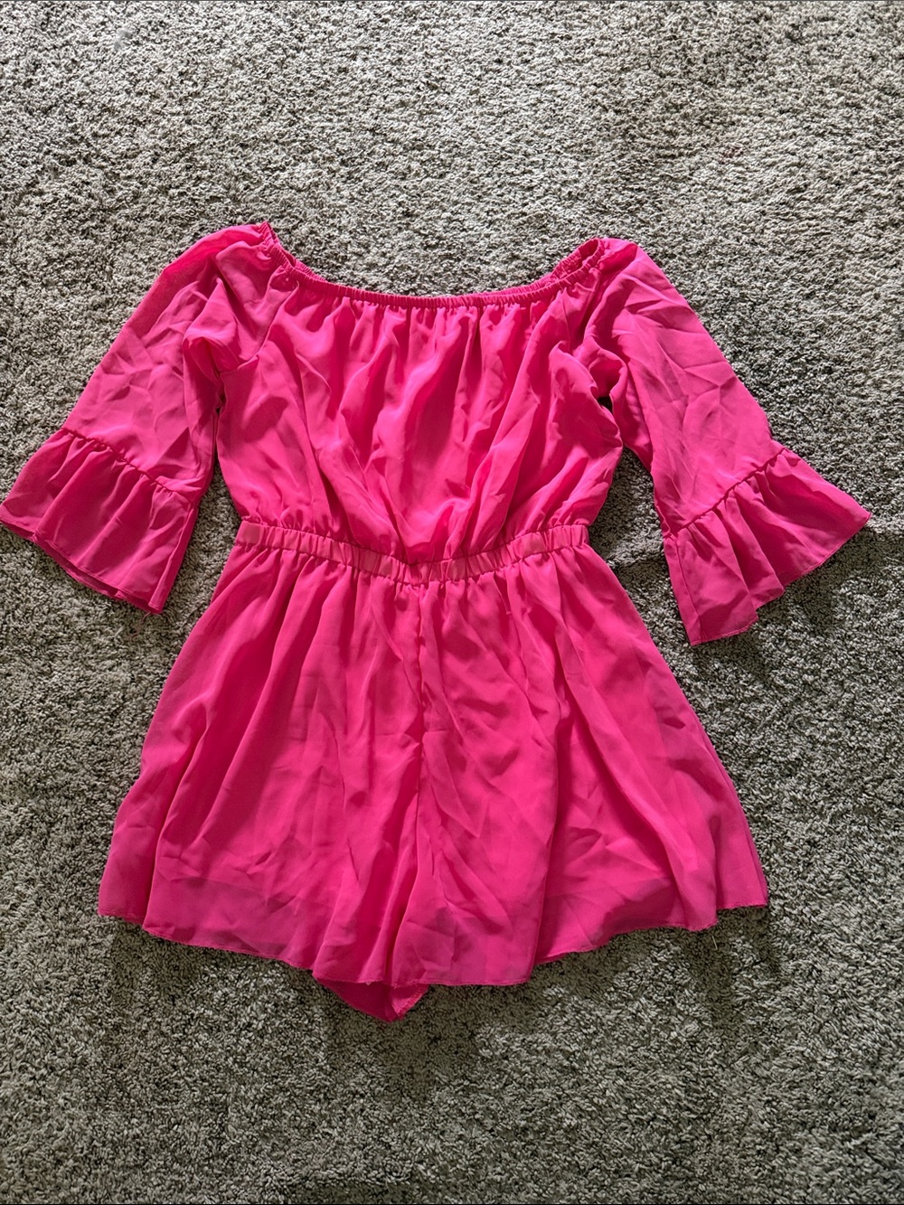 Women's Off-Shoulder Hot Pink Romper with Ruffle Sleeves
